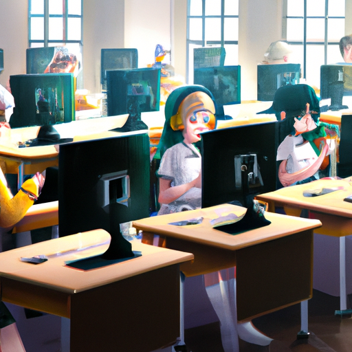 תמונה של תלמידים בכיתה עם מחשבים.