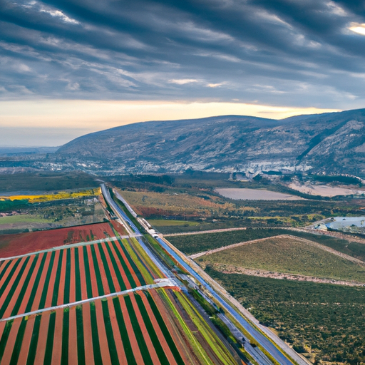 3. An aerial view capturing the geographical diversity of Israeli vineyards, from cool high-altitude sites to hot desert plains.