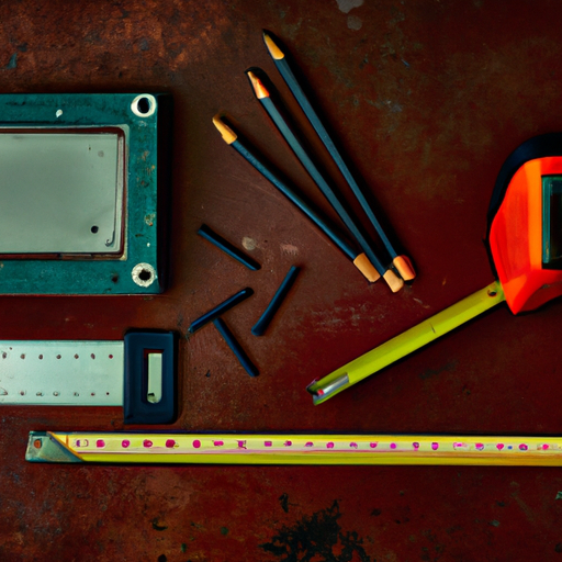 1. תמונה המציגה מגוון כלים כגון סרט מדידה, עיפרון, פלס, מקדחה וסוגריים.