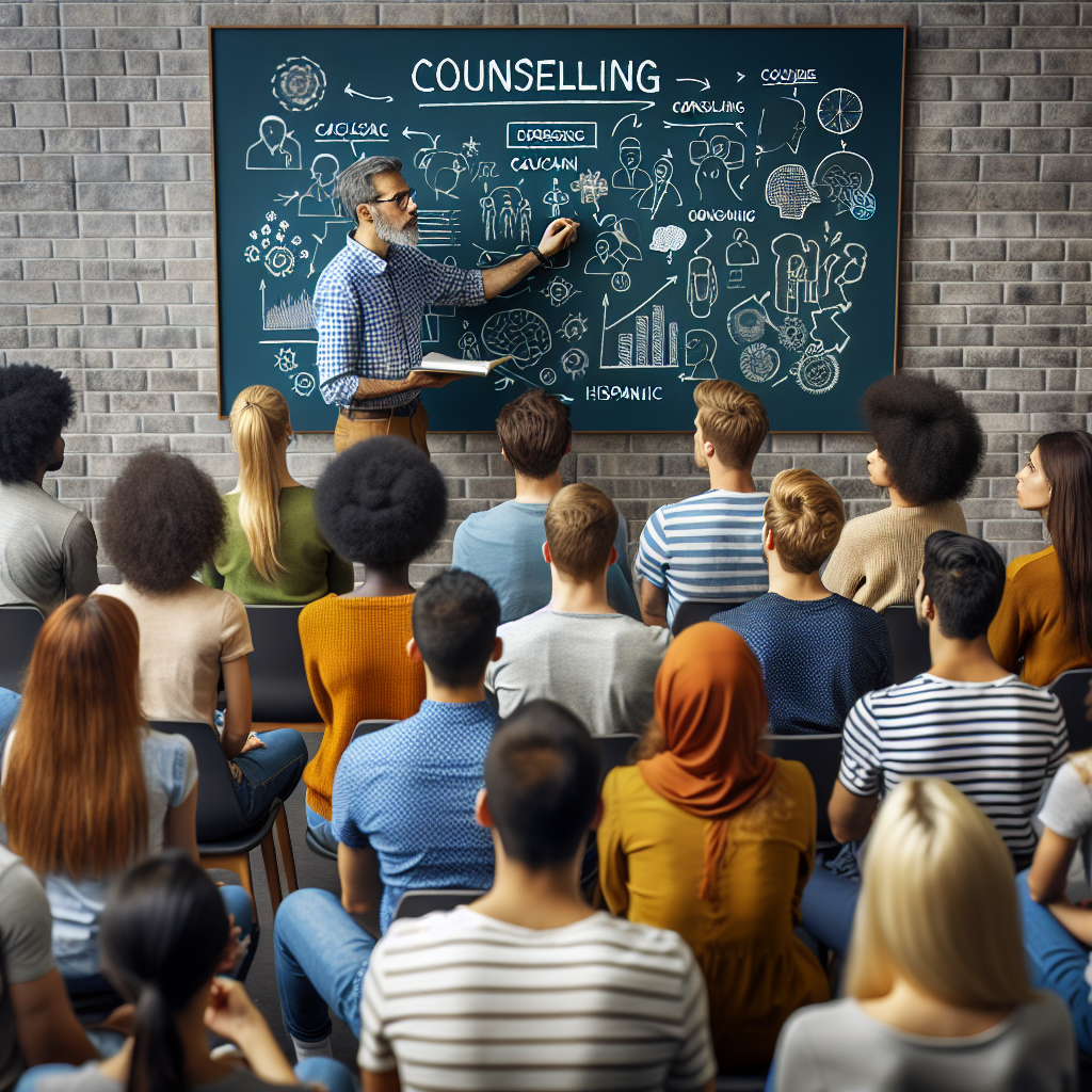 תמונה של קבוצת סטודנטים בלימודי ייעוץ, עם מדריך מסביר לוח מחיק מלא בתרשימים.